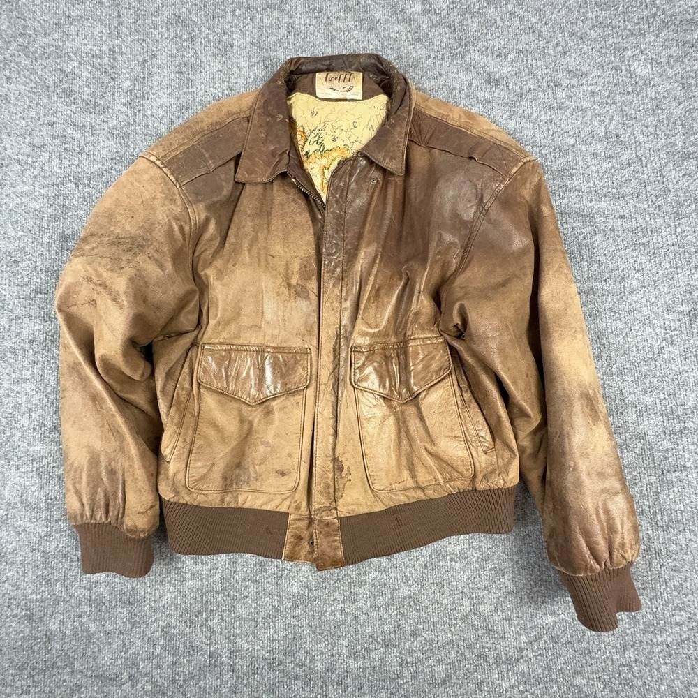 Vintage G-III Jacket Mens Large Brown Leather Bomber Map Lining Insulated